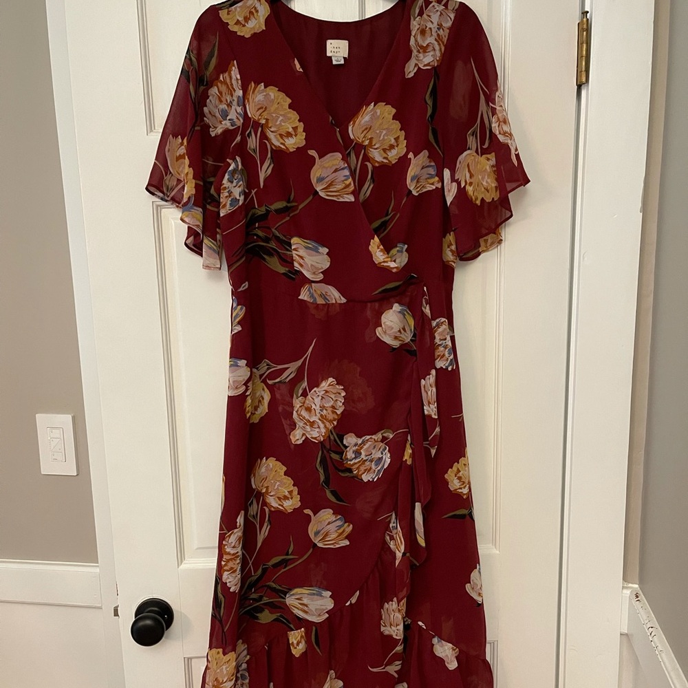 A New Day Burgundy Floral Wrap Dress